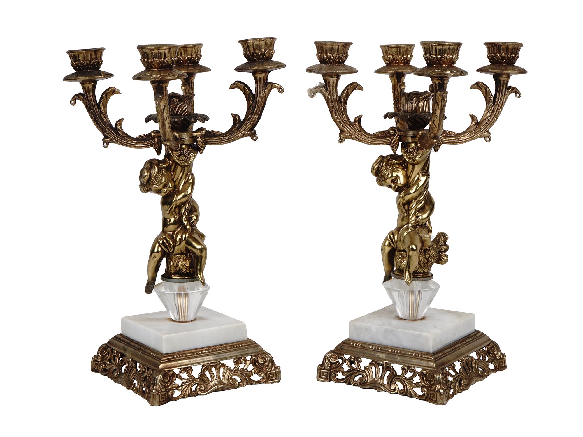 ANTIQUE CORNELL BRASS CANDELABRAS WITH CHERUB ANGELS PIC-0